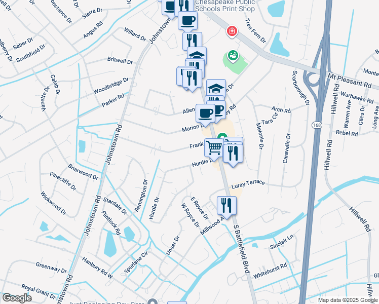 map of restaurants, bars, coffee shops, grocery stores, and more near 125 Frank Drive in Chesapeake