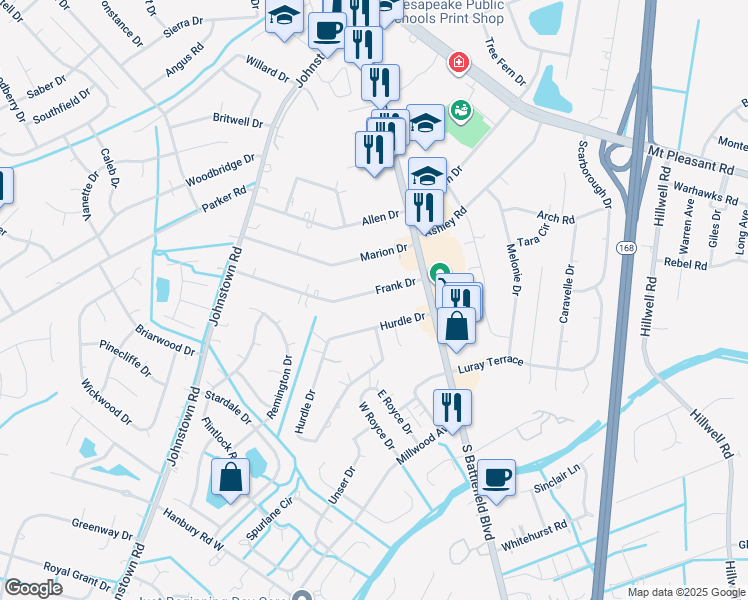 map of restaurants, bars, coffee shops, grocery stores, and more near 125 Frank Drive in Chesapeake
