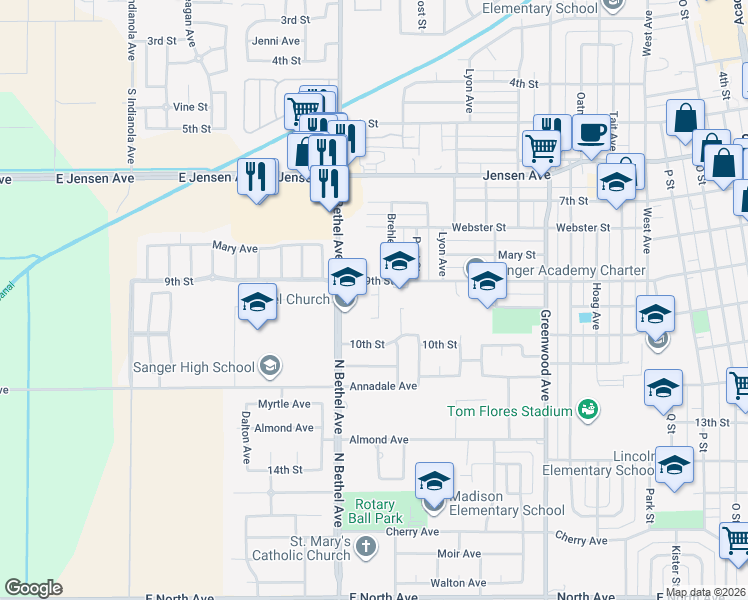 map of restaurants, bars, coffee shops, grocery stores, and more near 10th Street in Sanger