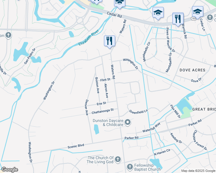 map of restaurants, bars, coffee shops, grocery stores, and more near 568 Waters Road in Chesapeake