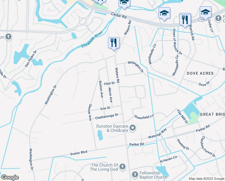 map of restaurants, bars, coffee shops, grocery stores, and more near 568 Waters Road in Chesapeake
