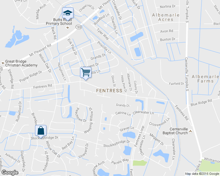 map of restaurants, bars, coffee shops, grocery stores, and more near 1132 Fentress Road in Chesapeake