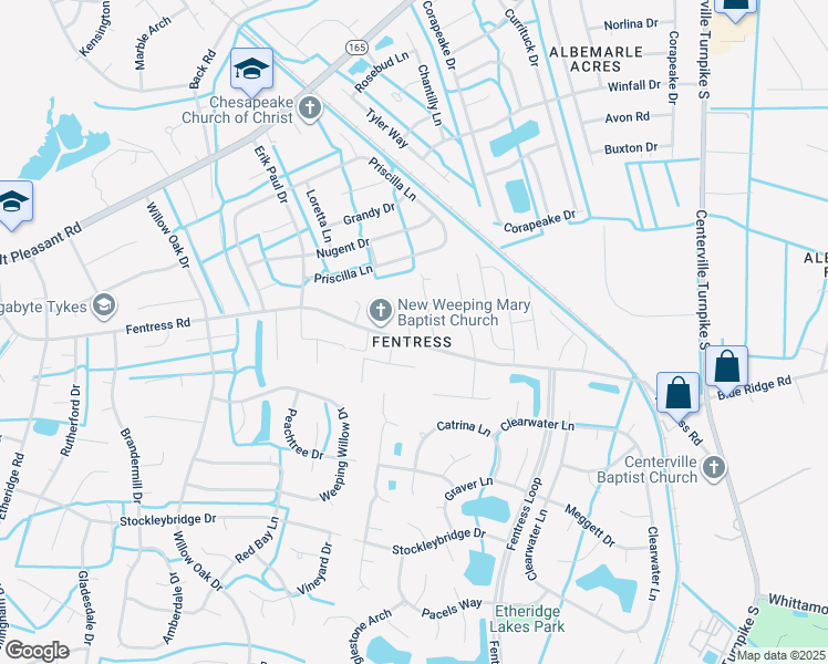 map of restaurants, bars, coffee shops, grocery stores, and more near 1132 Fentress Road in Chesapeake