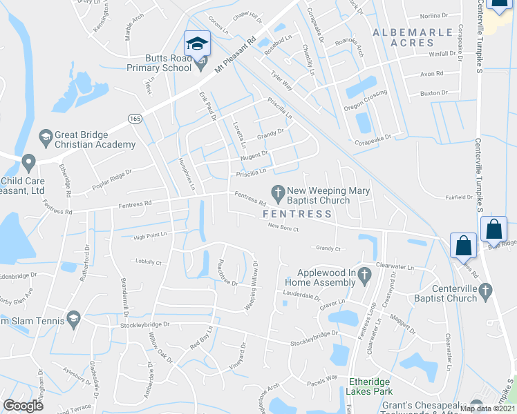 map of restaurants, bars, coffee shops, grocery stores, and more near 1017 Fentress Road in Chesapeake