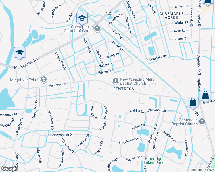 map of restaurants, bars, coffee shops, grocery stores, and more near 1017 Fentress Road in Chesapeake