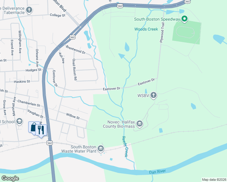 map of restaurants, bars, coffee shops, grocery stores, and more near 2011 Eastover Dr in South Boston