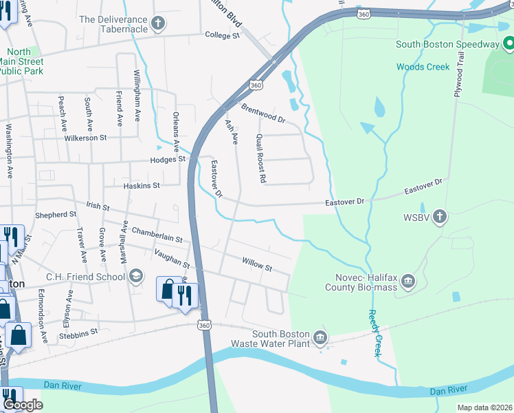 map of restaurants, bars, coffee shops, grocery stores, and more near 2011 Eastover Drive in South Boston