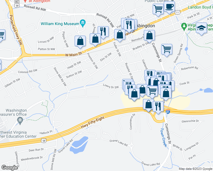 map of restaurants, bars, coffee shops, grocery stores, and more near 376 Lowry Drive Southwest in Abingdon