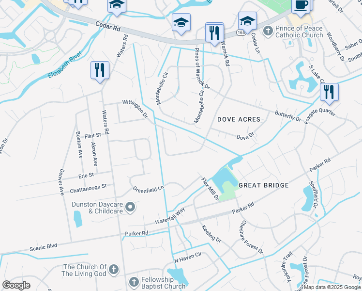 map of restaurants, bars, coffee shops, grocery stores, and more near 532 Warrick Road in Chesapeake