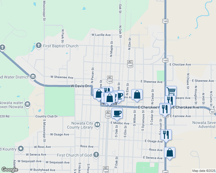 map of restaurants, bars, coffee shops, grocery stores, and more near 229 North Maple Street in Nowata