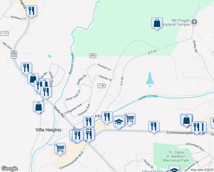map of restaurants, bars, coffee shops, grocery stores, and more near 1613-1699 Stultz Road in Martinsville