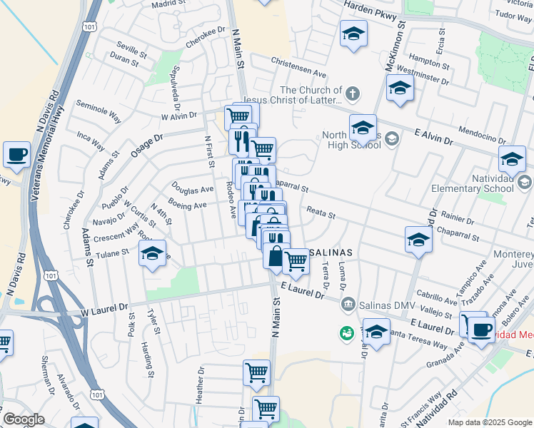 map of restaurants, bars, coffee shops, grocery stores, and more near 730 North Main Street in Salinas