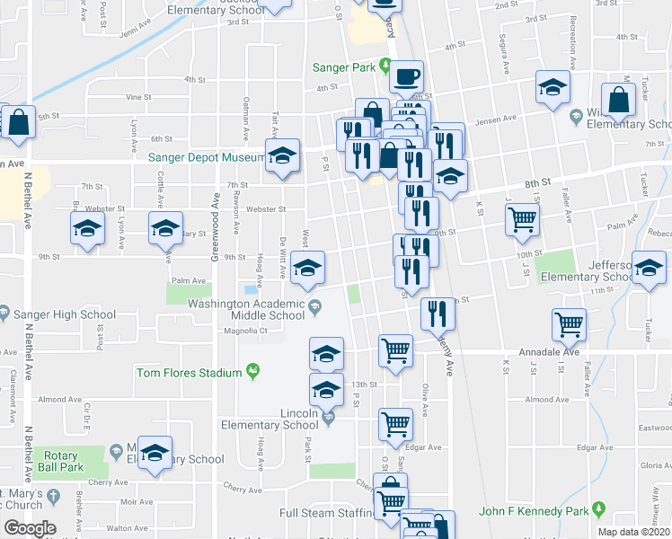 map of restaurants, bars, coffee shops, grocery stores, and more near 913 P Street in Sanger