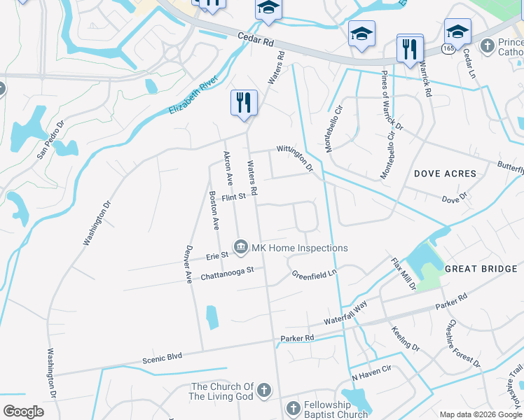 map of restaurants, bars, coffee shops, grocery stores, and more near 568 Waters Road in Chesapeake