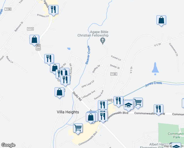map of restaurants, bars, coffee shops, grocery stores, and more near Beaver Road in Martinsville