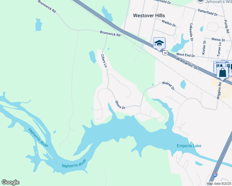 map of restaurants, bars, coffee shops, grocery stores, and more near 119 Shore Drive in Emporia