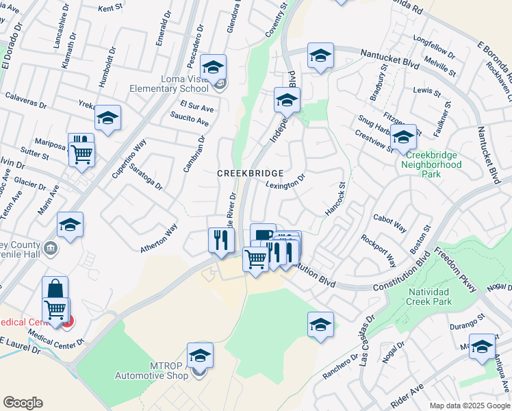 map of restaurants, bars, coffee shops, grocery stores, and more near 1615 Newport Court in Salinas