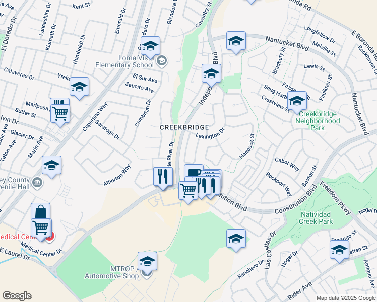 map of restaurants, bars, coffee shops, grocery stores, and more near 1615 Newport Court in Salinas