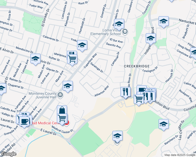 map of restaurants, bars, coffee shops, grocery stores, and more near 1556 Menlo Way in Salinas