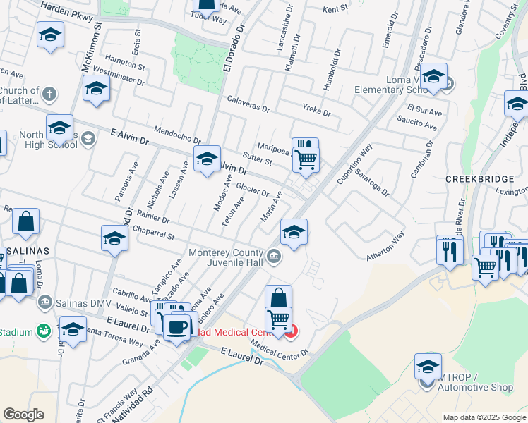 map of restaurants, bars, coffee shops, grocery stores, and more near 37 Plumas Way in Salinas