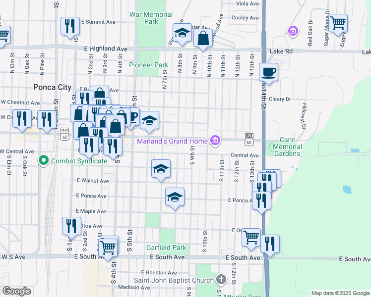 map of restaurants, bars, coffee shops, grocery stores, and more near 819 East Central Avenue in Ponca City