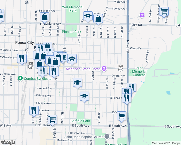 map of restaurants, bars, coffee shops, grocery stores, and more near 819 East Central Avenue in Ponca City