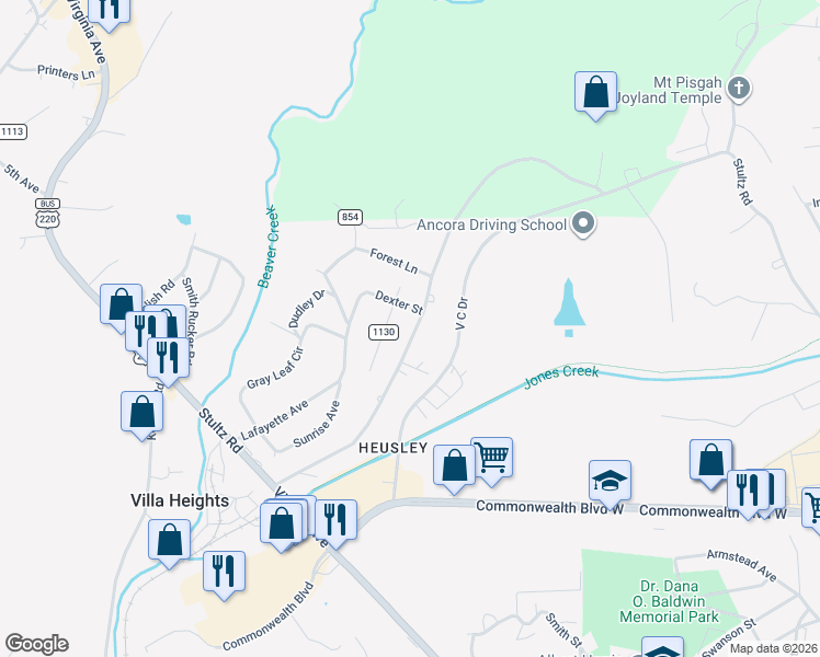 map of restaurants, bars, coffee shops, grocery stores, and more near 1602-1604 Stultz Rd in Martinsville