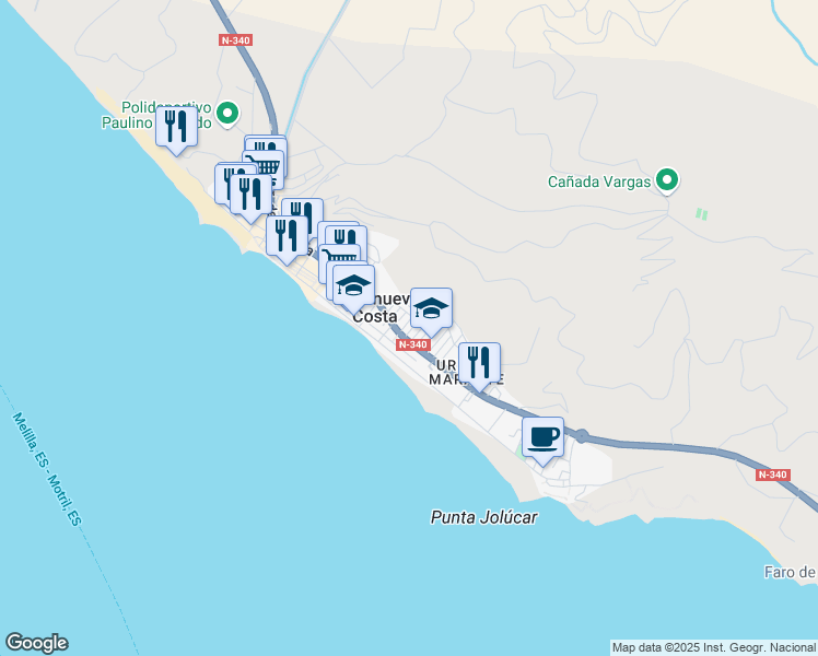 map of restaurants, bars, coffee shops, grocery stores, and more near 3 Calle Cormorán in Torrenueva