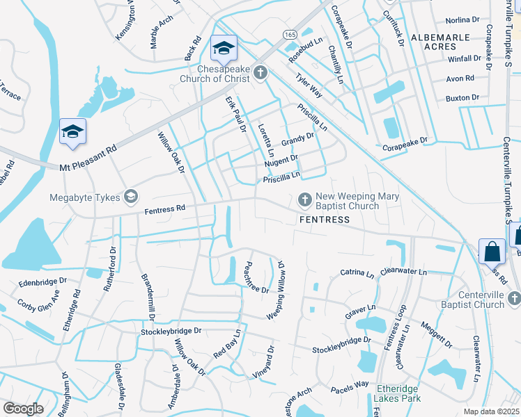 map of restaurants, bars, coffee shops, grocery stores, and more near 1006 Fentress Road in Chesapeake