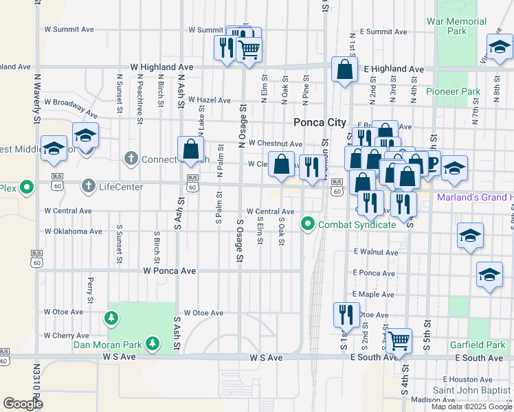 map of restaurants, bars, coffee shops, grocery stores, and more near 426 West Grand Avenue in Ponca City