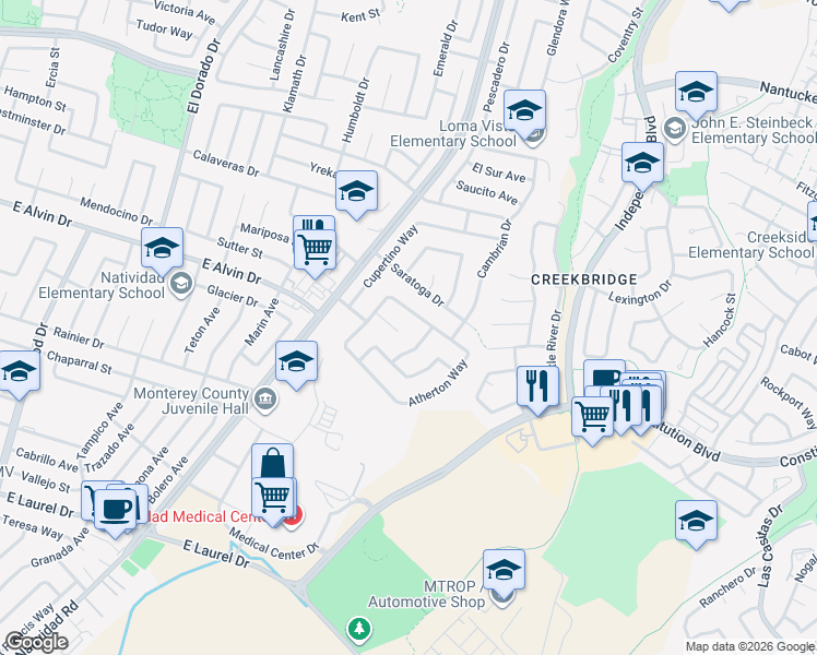 map of restaurants, bars, coffee shops, grocery stores, and more near 1555 Atherton Way in Salinas