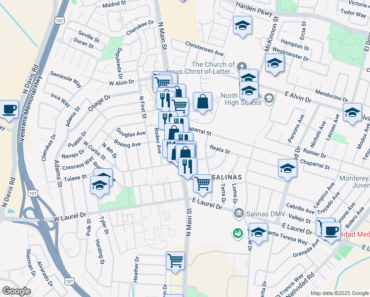 map of restaurants, bars, coffee shops, grocery stores, and more near 340 Noice Drive in Salinas