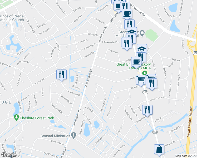 map of restaurants, bars, coffee shops, grocery stores, and more near 228 Frank Drive in Chesapeake