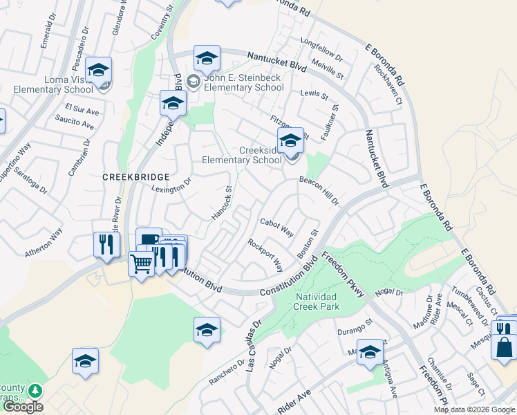 map of restaurants, bars, coffee shops, grocery stores, and more near 1677 Beacon Hill Drive in Salinas