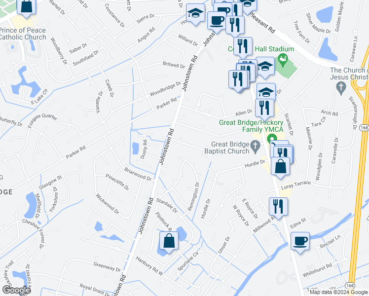 map of restaurants, bars, coffee shops, grocery stores, and more near 229 Frank Drive in Chesapeake