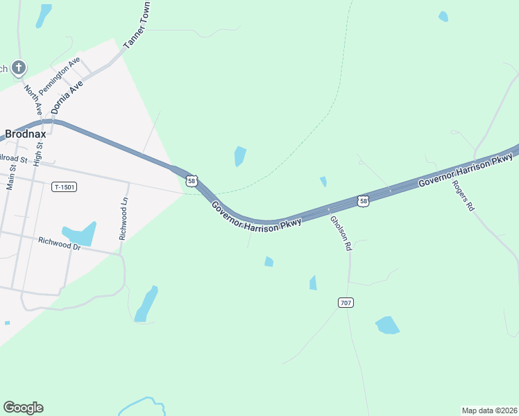 map of restaurants, bars, coffee shops, grocery stores, and more near 989 Governor Harrison Parkway in Brodnax