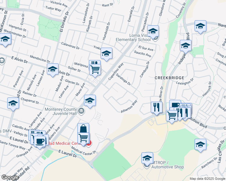 map of restaurants, bars, coffee shops, grocery stores, and more near 1519 Atherton Way in Salinas