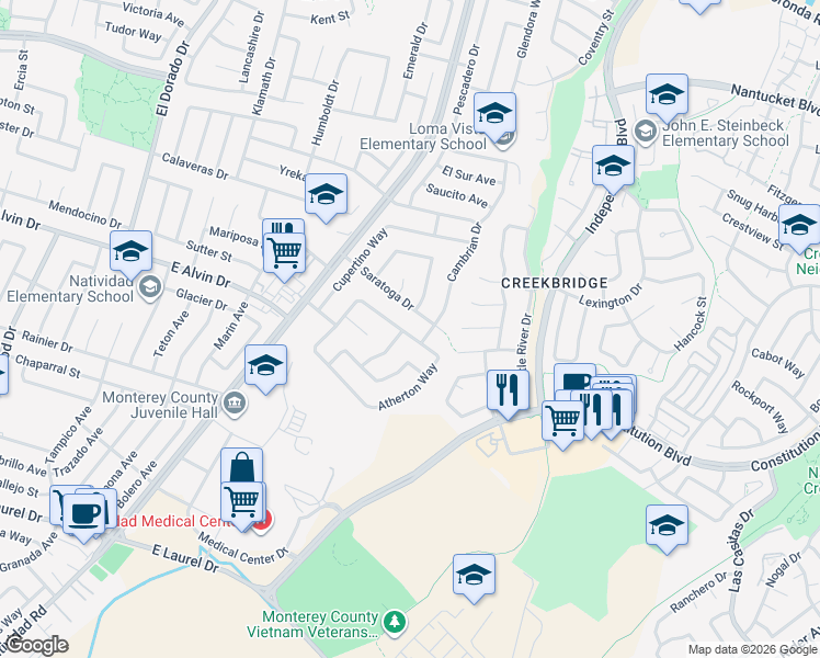 map of restaurants, bars, coffee shops, grocery stores, and more near 1581 Atherton Way in Salinas