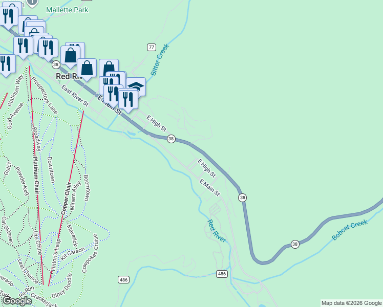 map of restaurants, bars, coffee shops, grocery stores, and more near East High Street in Red River