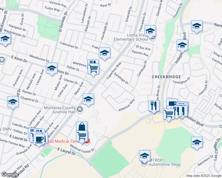 map of restaurants, bars, coffee shops, grocery stores, and more near 1519 Atherton Way in Salinas