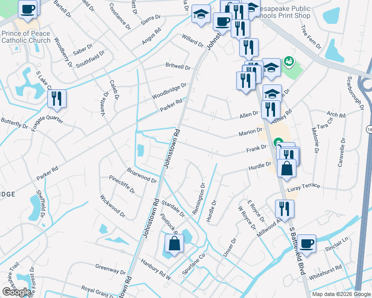 map of restaurants, bars, coffee shops, grocery stores, and more near 228 Frank Drive in Chesapeake