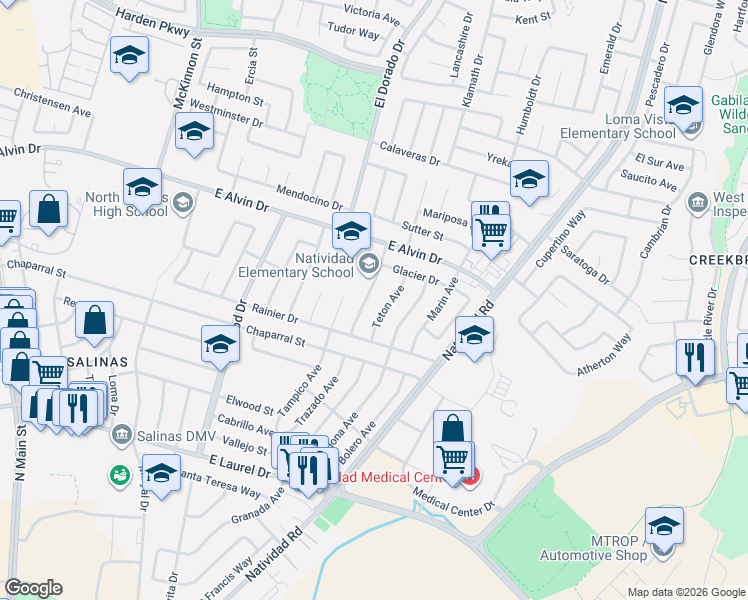 map of restaurants, bars, coffee shops, grocery stores, and more near 1448 Modoc Avenue in Salinas