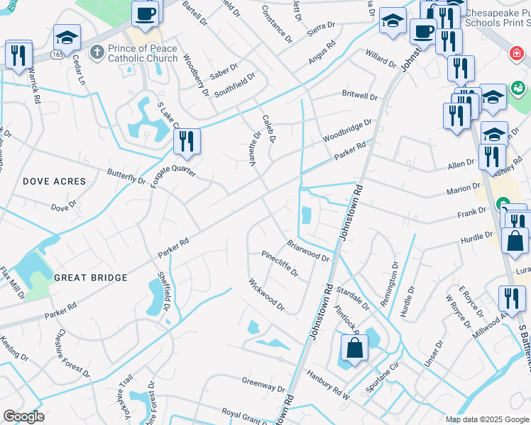 map of restaurants, bars, coffee shops, grocery stores, and more near 509 Parker Road in Chesapeake