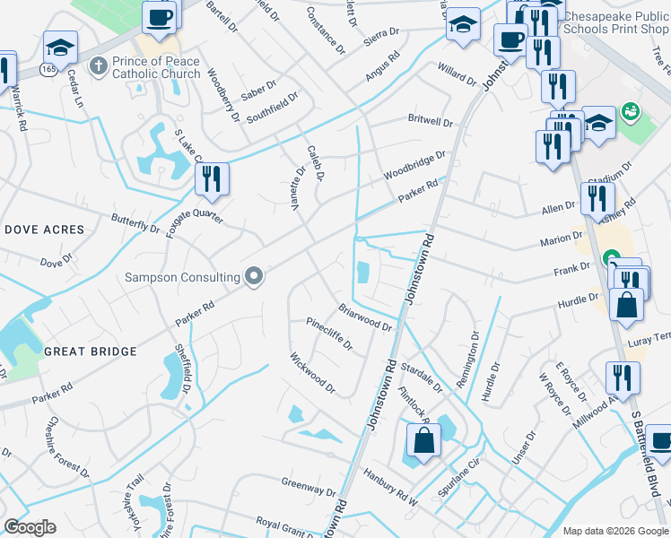 map of restaurants, bars, coffee shops, grocery stores, and more near 408 Wickwood Drive in Chesapeake