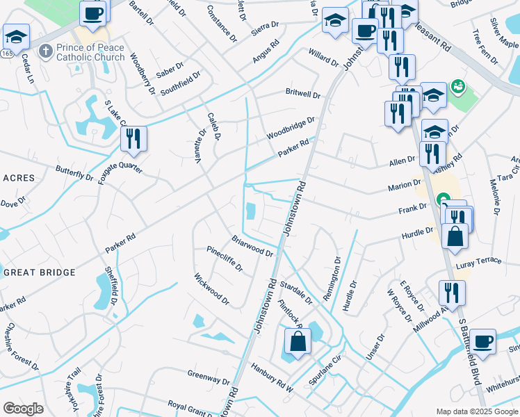 map of restaurants, bars, coffee shops, grocery stores, and more near 608 Dusty Road in Chesapeake