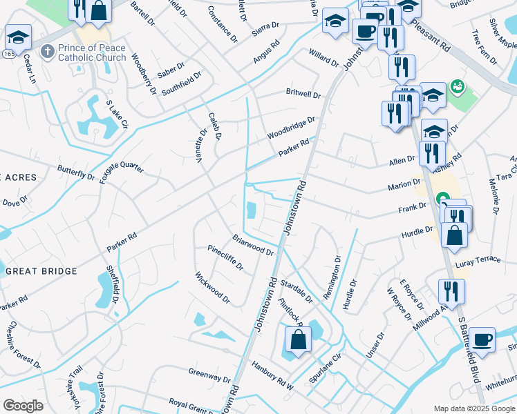 map of restaurants, bars, coffee shops, grocery stores, and more near 608 Dusty Road in Chesapeake