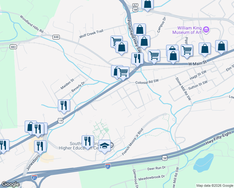 map of restaurants, bars, coffee shops, grocery stores, and more near 833 Colonial Road Southwest in Abingdon