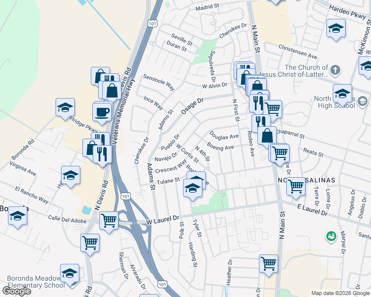 map of restaurants, bars, coffee shops, grocery stores, and more near 356 Navajo Drive in Salinas
