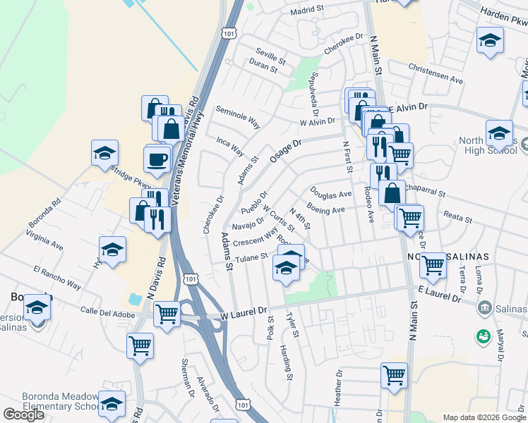 map of restaurants, bars, coffee shops, grocery stores, and more near 356 Navajo Drive in Salinas