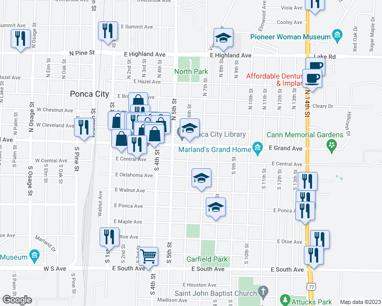 map of restaurants, bars, coffee shops, grocery stores, and more near 612 East Grand Avenue in Ponca City
